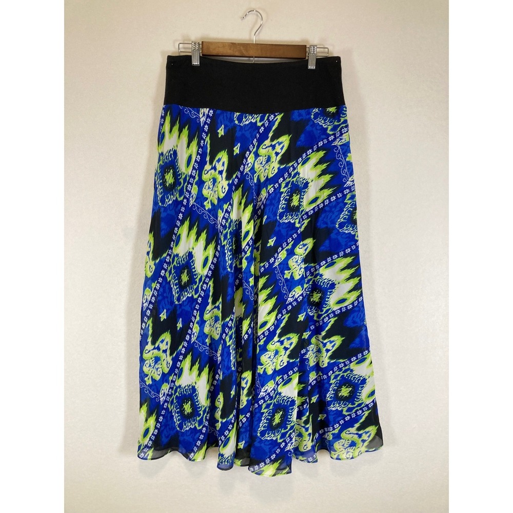 Boho Abstract Evan-Picone Womens‎ Size Medium Blue Lime Green Midi Chiffon Skirt